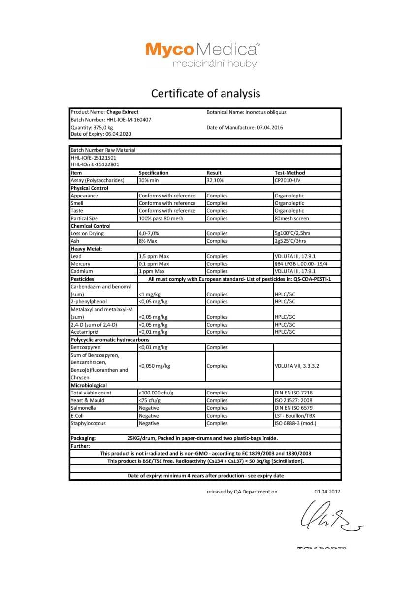 certifikat kvality chaga mycomedica medicinalne huby tradicna cinska medicina