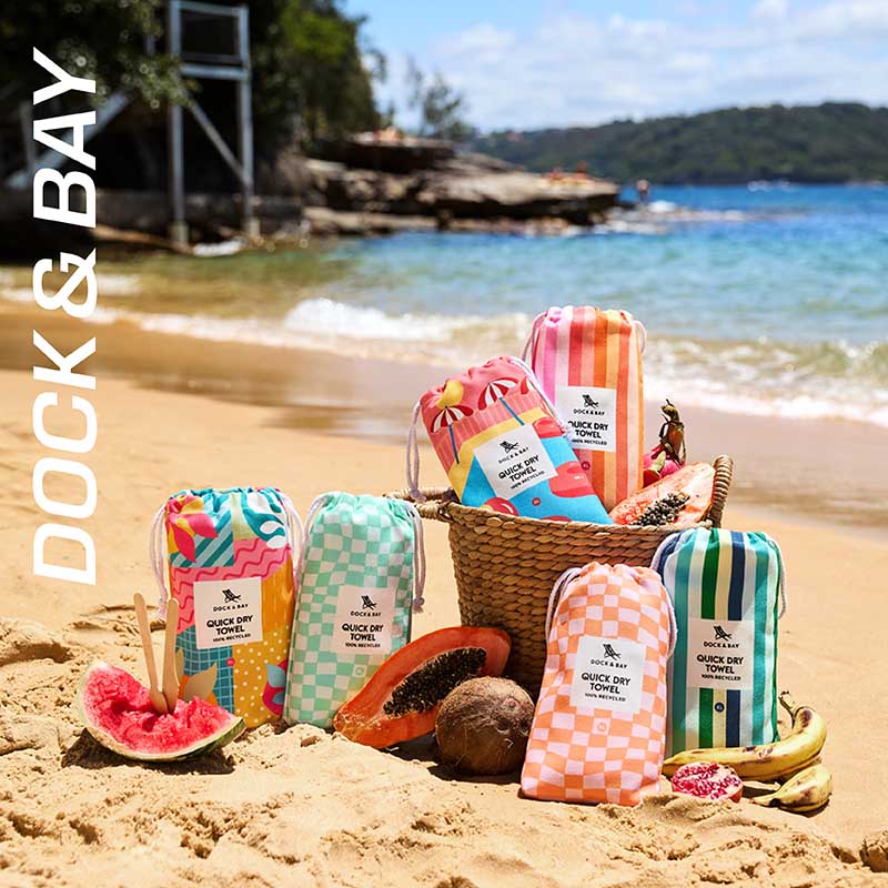 Uteráky a osušky a pončá na pláž s praktickou taštičkou na drobnosti s krásnym dizajnom. Plážové tašky Dock and Bay odporúča Sansport.sk