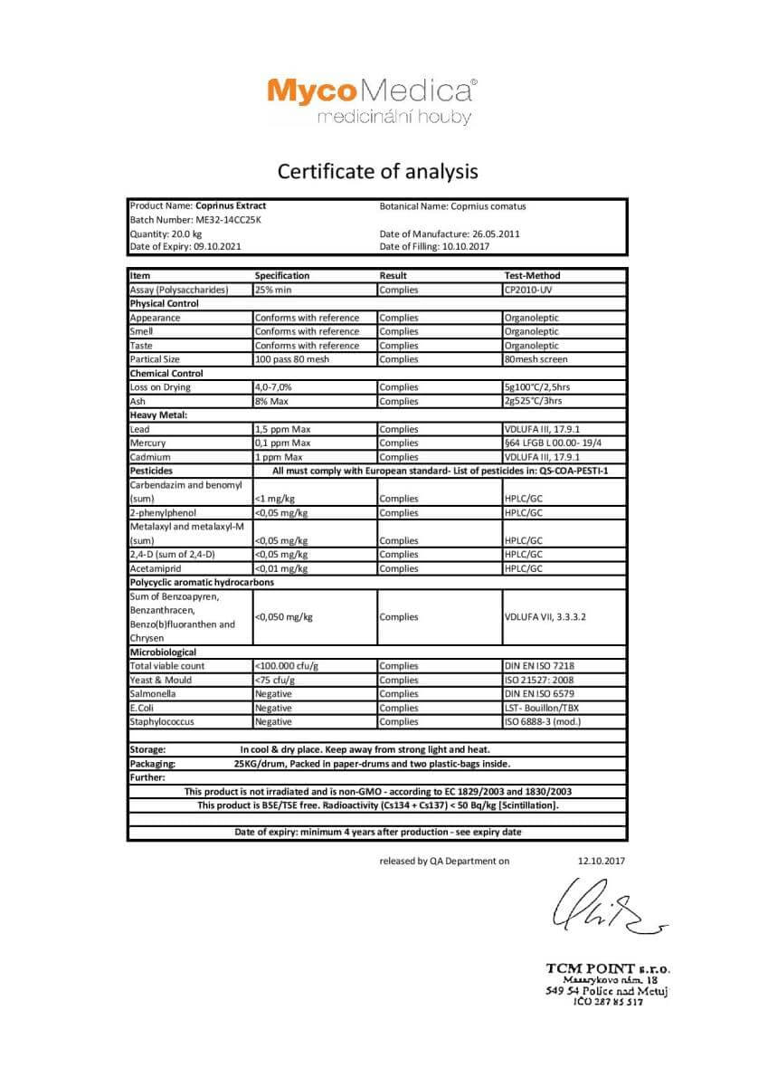 certifikat kvality huba coprinus mycomedica tradicna cinska medicina