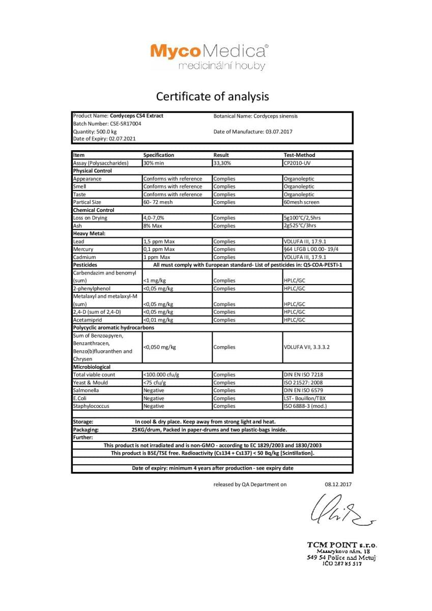 certifikat kvality cordyceps mycomedica medicinalne huby tradicna cinska medicina