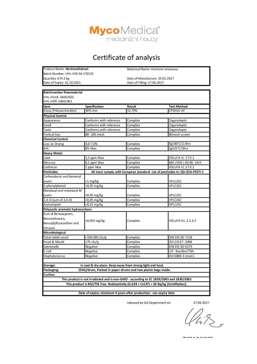 certifikat kvality hericium mycomedica medicinalne huby tradicna cinska medicina