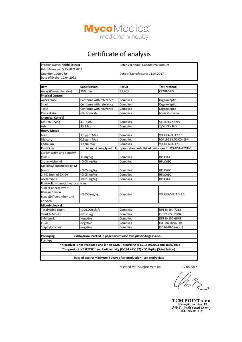 certifikat kvality reishi mycomedica tradicna cinska medicina vitalita kozne problemy