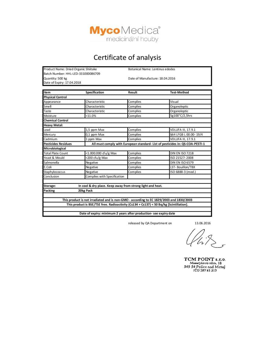 certifikat kvality susena shiitake mycomedica medicinalne huby tradicna cinska medicina